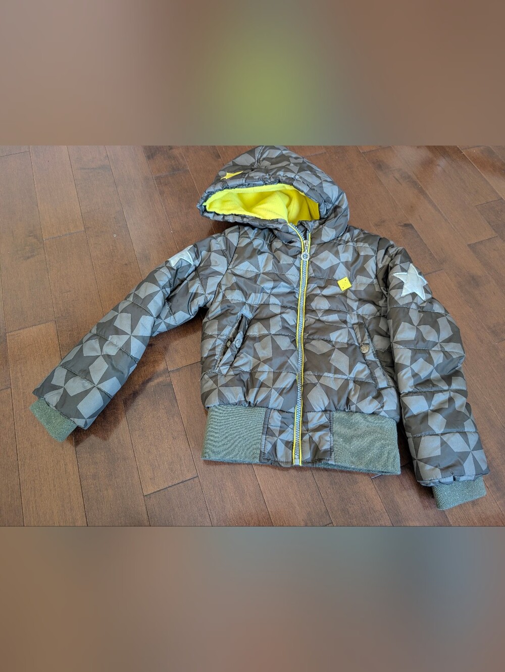 B.Nosy Kids Quilted Hooded Jacket in Olive with Yellow Lining